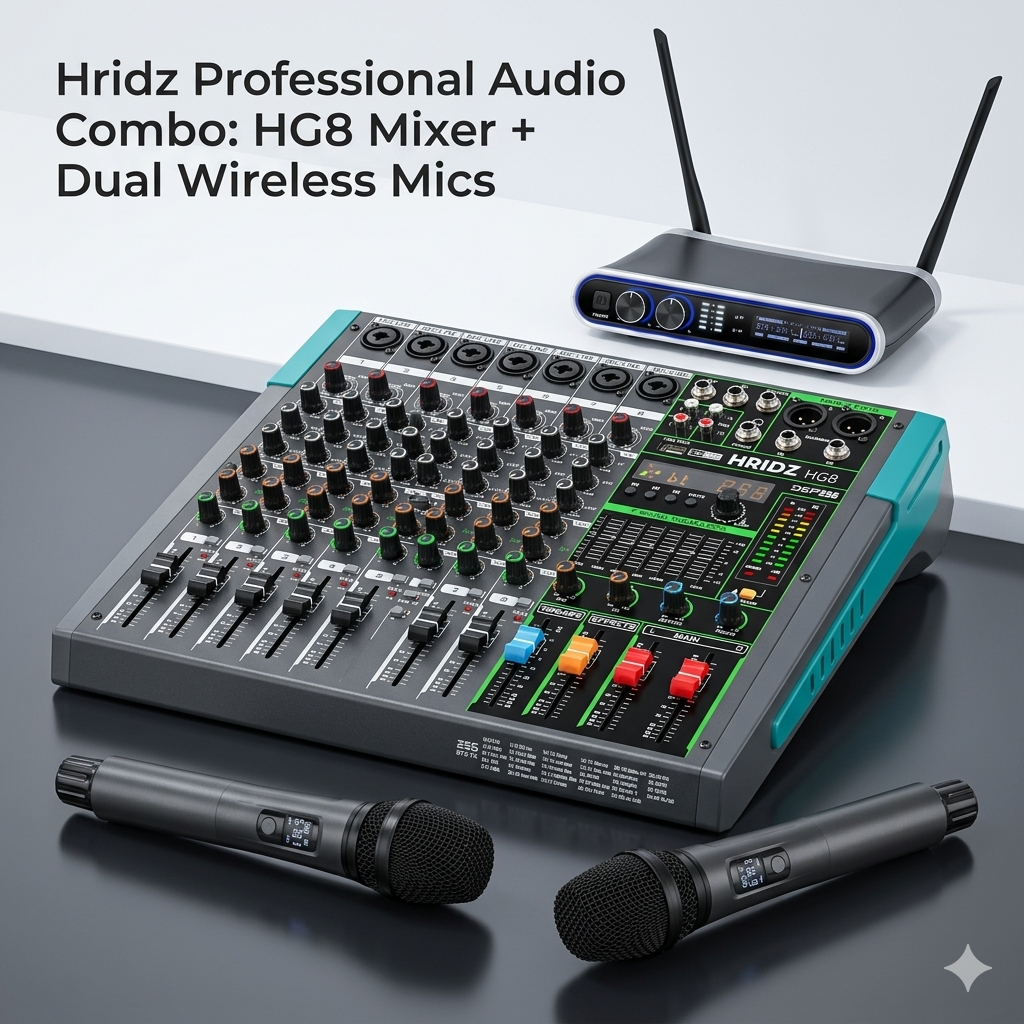 Hridz Pro Audio Mixer Combo: HG8 8-Channel Stereo Mixer & UR-109 PRO Dual Wireless Microphones