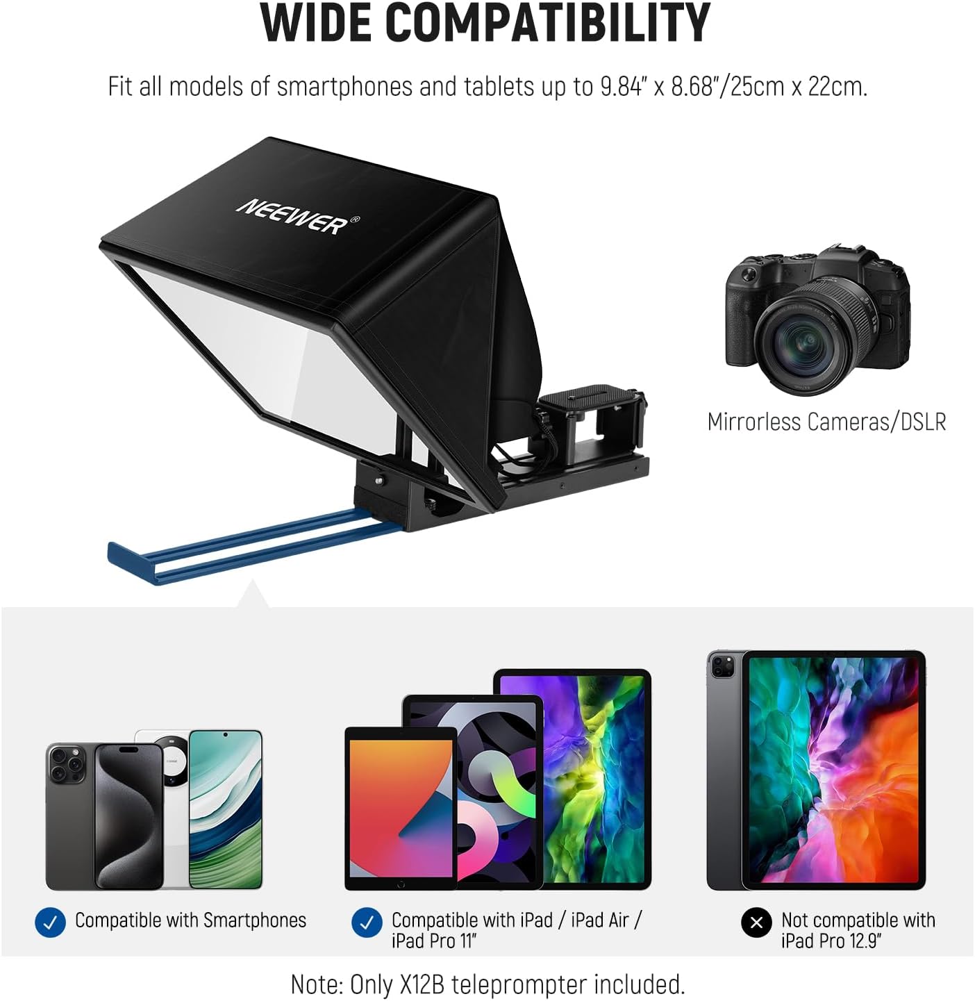 NEEWER Basic X12B Aluminum Alloy Liftable Teleprompter 12" for iPad Tablet Phone DSLR Camera