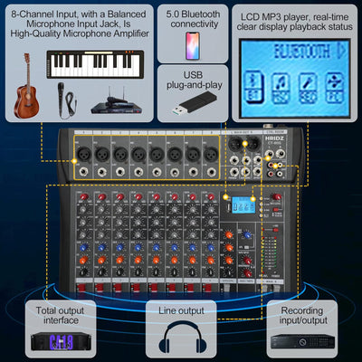 Hridz 8-Channel Karaoke Stereo Audio Mixer & 100m Range UHF Wireless Microphone Bundle