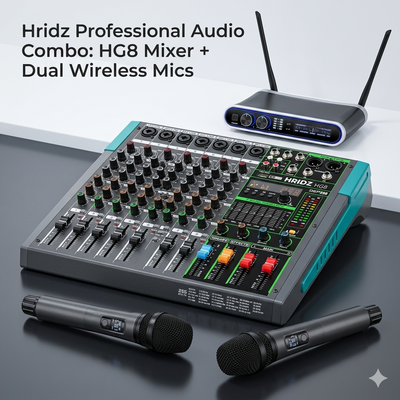 Hridz Pro Audio Mixer Combo: HG8 8-Channel Stereo Mixer & UR-109 PRO Dual Wireless Microphones