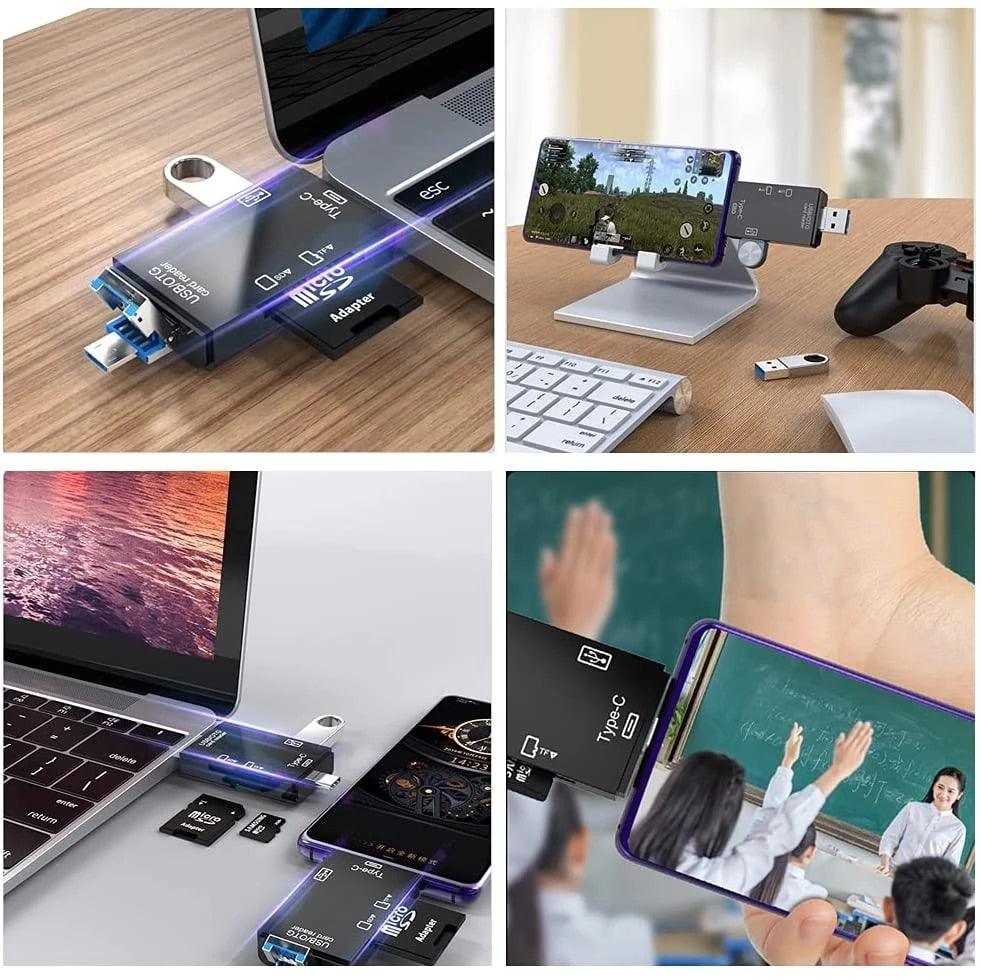 6-in-1 USB 2.0 Type-C & Micro USB OTG Card Reader – SD/TF Memory Card Adapter for Smartphone, Tablet, Laptop & PC