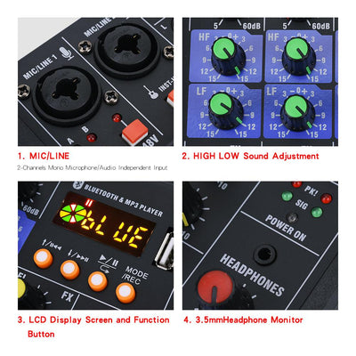 HRIDZ 4 Channel Audio Sound Mixer Karaoke DJ Machine with 2 Wireless Microphones